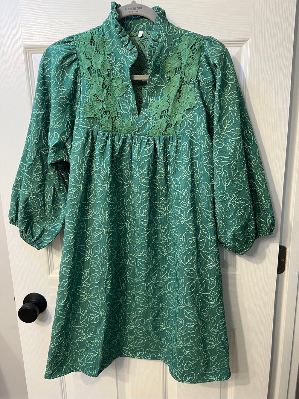 Source Unknown Green Leaf-Print Lace Yoke Mini Dress